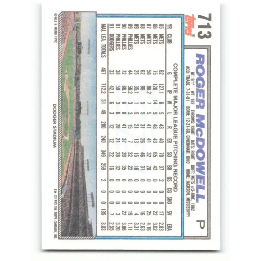 1992 Topps #713 Roger McDowell NM-MT Los Angeles Dodgers Baseball Card - Baseball Card Single