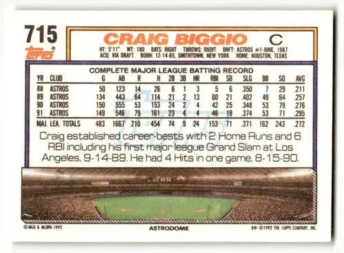 1992 Topps #715 Craig Biggio Houston Astros Baseball Cards EX/NM ID:55821 - Baseball Card Single