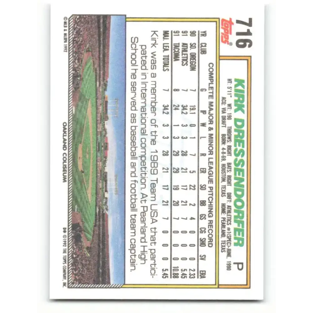 1992 Topps #716 Kirk Dressendorfer NM-MT Oakland Athletics Baseball Card - Baseball Card Single