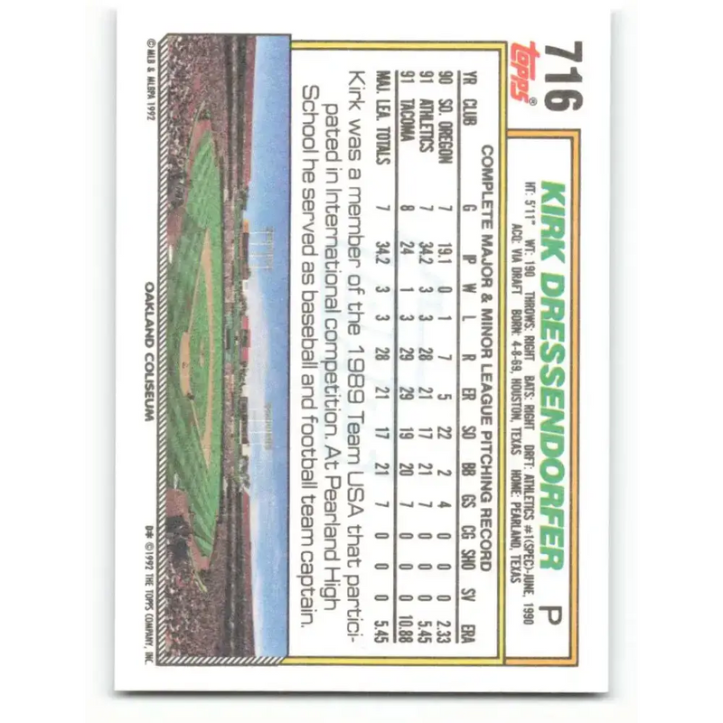 1992 Topps #716 Kirk Dressendorfer NM-MT Oakland Athletics Baseball Card - Baseball Card Single