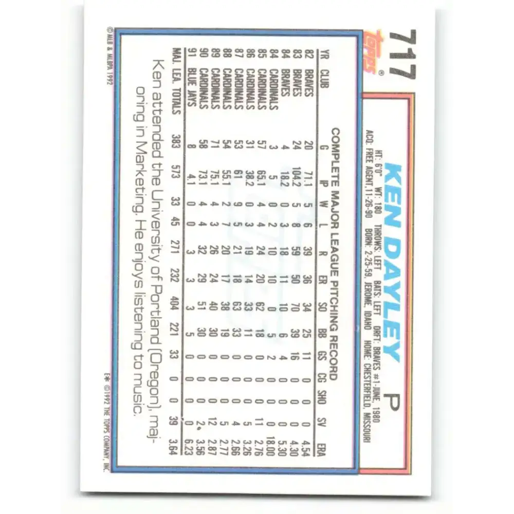 1992 Topps #717 Ken Dayley NM-MT Toronto Blue Jays Baseball Card - Baseball Card Single