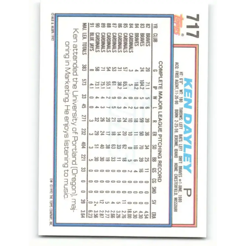 1992 Topps #717 Ken Dayley NM-MT Toronto Blue Jays Baseball Card - Baseball Card Single