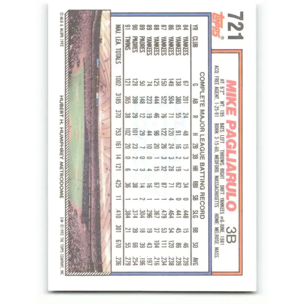 1992 Topps #721 Mike Pagliarulo NM-MT Minnesota Twins Baseball Card - Baseball Card Single