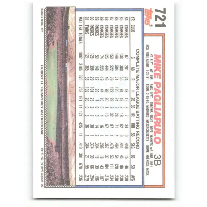 1992 Topps #721 Mike Pagliarulo NM-MT Minnesota Twins Baseball Card - Baseball Card Single