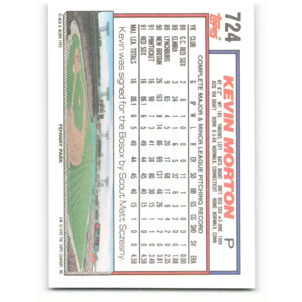 1992 Topps #724 Kevin Morton NM-MT Boston Red Sox Baseball Card - Baseball Card Single