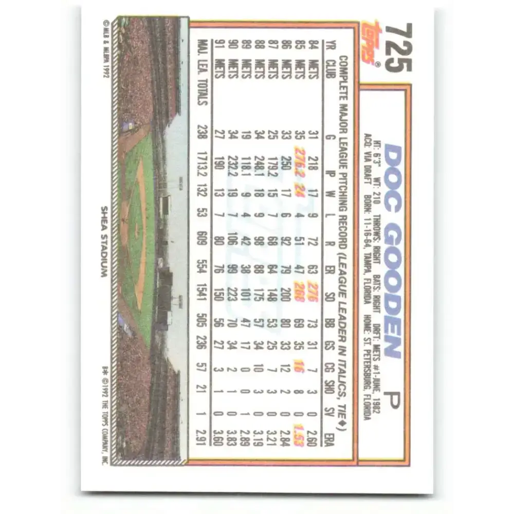 1992 Topps #725 Dwight Gooden NM-MT New York Mets Baseball Card - Baseball Card Single