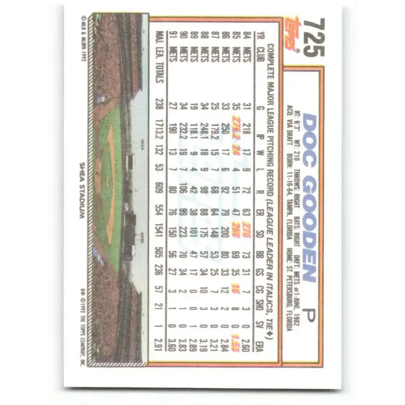 1992 Topps #725 Dwight Gooden NM-MT New York Mets Baseball Card - Baseball Card Single
