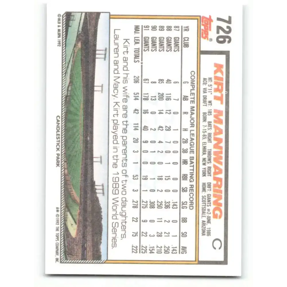 1992 Topps #726 Kirt Manwaring NM-MT San Francisco Giants Baseball Card - Baseball Card Single