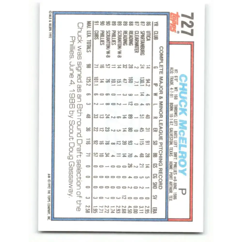 1992 Topps #727 Chuck McElroy NM-MT Chicago Cubs Baseball Card - Baseball Card Single