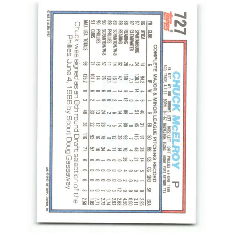1992 Topps #727 Chuck McElroy NM-MT Chicago Cubs Baseball Card - Baseball Card Single