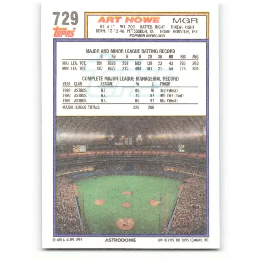 1992 Topps #729 Art Howe NM-MT Houston Astros Baseball Card - Baseball Card Single