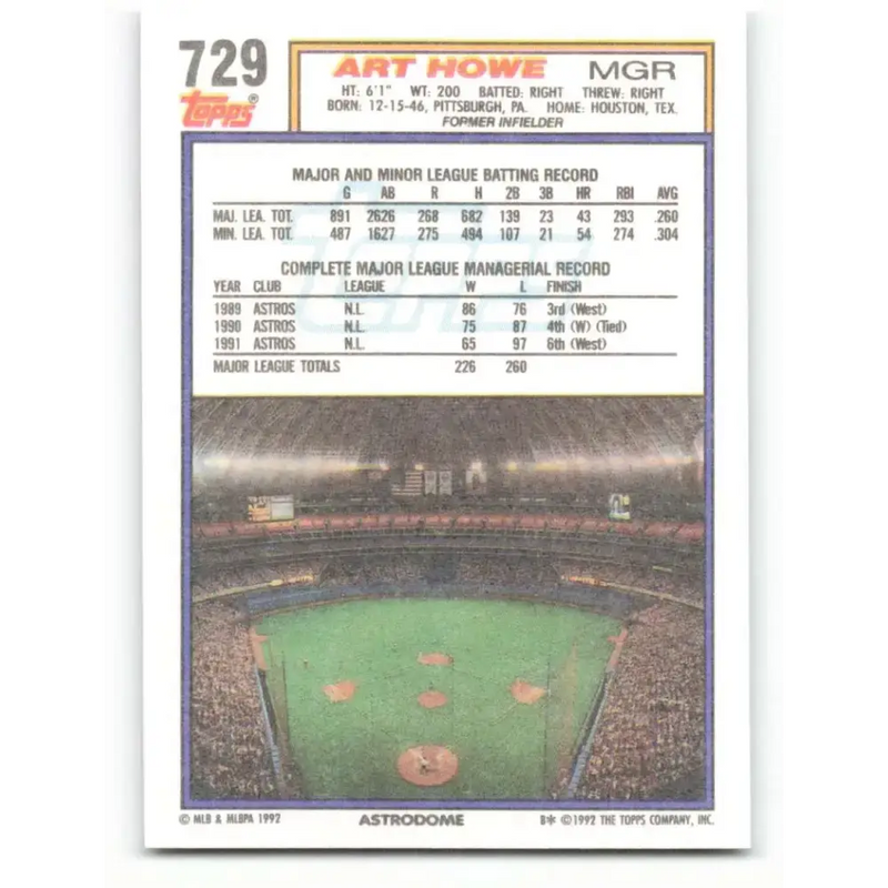 1992 Topps #729 Art Howe NM-MT Houston Astros Baseball Card - Baseball Card Single