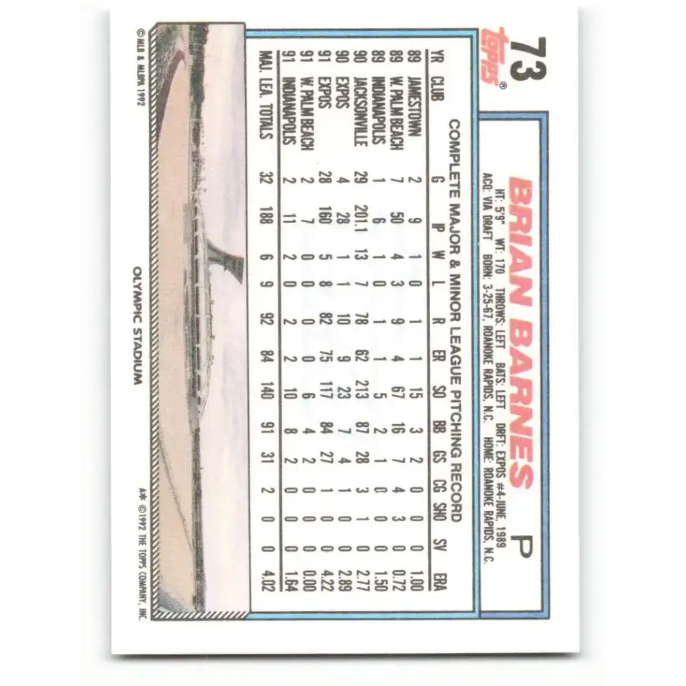 1992 Topps #73 Brian Barnes NM-MT Montreal Expos Baseball Card - Baseball Card Single