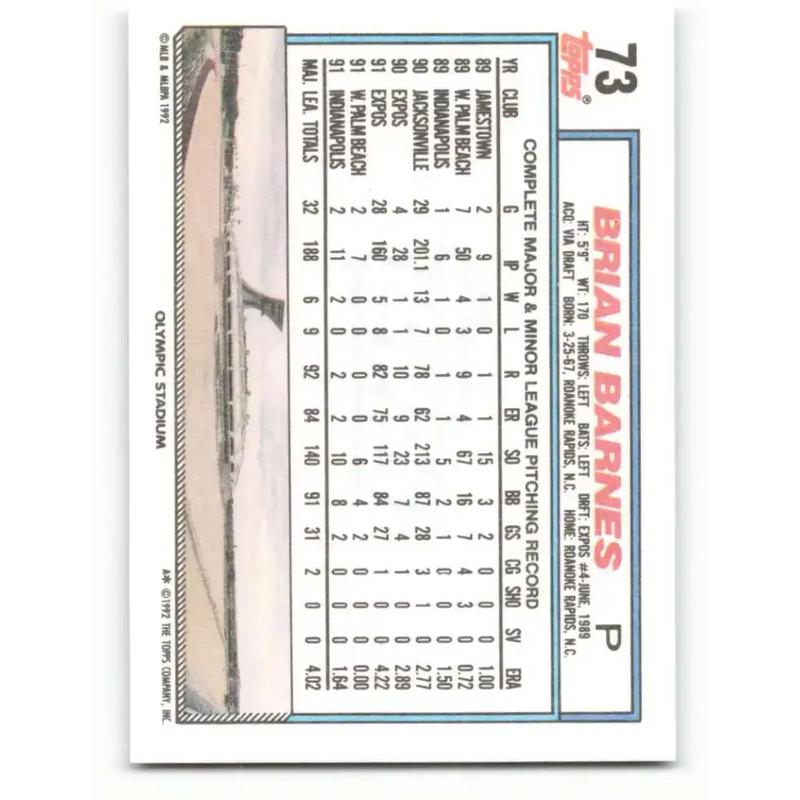 1992 Topps #73 Brian Barnes NM-MT Montreal Expos Baseball Card - Baseball Card Single
