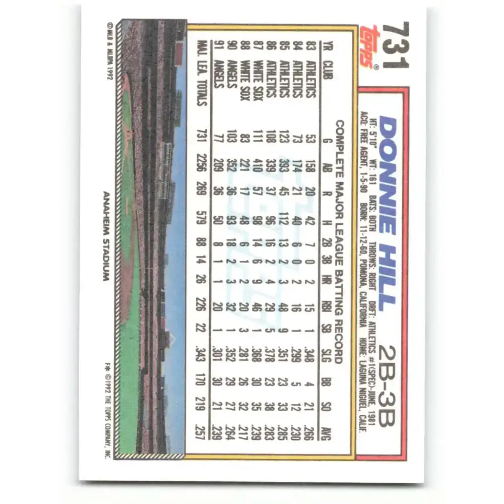 1992 Topps #731 Donnie Hill NM-MT California Angels Baseball Card - Baseball Card Single