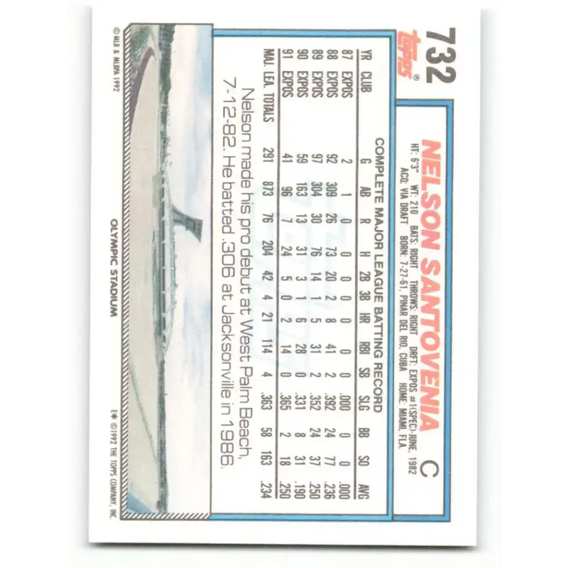 1992 Topps #732 Nelson Santovenia EX Excellent Montreal Expos Baseball Card - Baseball Card Single