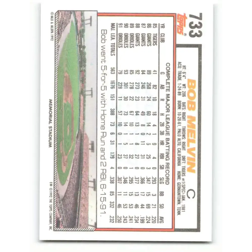 1992 Topps #733 Bob Melvin NM-MT Baltimore Orioles Baseball Card - Baseball Card Single