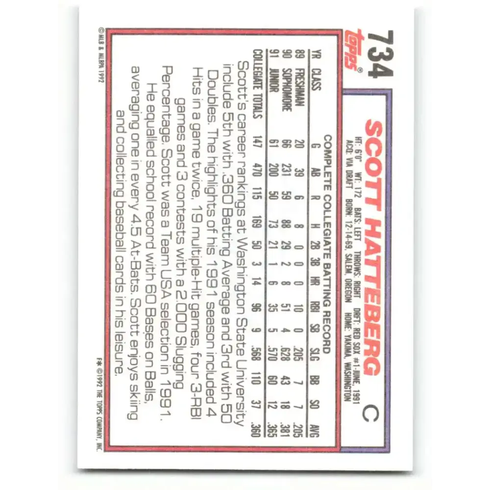 1992 Topps #734 Scott Hatteberg NM-MT RC Rookie Boston Red Sox Baseball Card - Baseball Card Single
