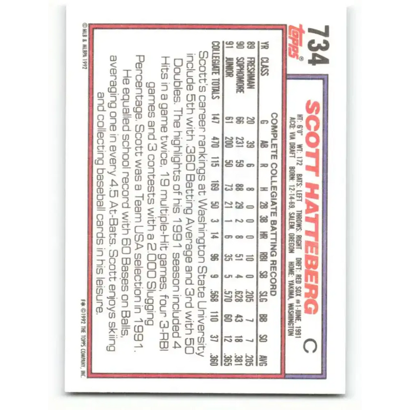 1992 Topps #734 Scott Hatteberg NM-MT RC Rookie Boston Red Sox Baseball Card - Baseball Card Single