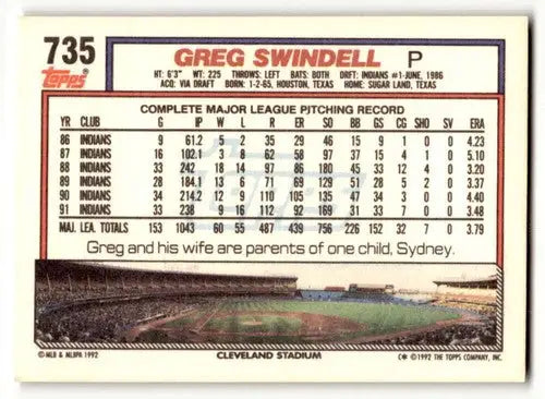 1992 Topps #735 Greg Swindell Cleveland Indians Baseball Cards EX/NM ID:61130 - Baseball Card Single