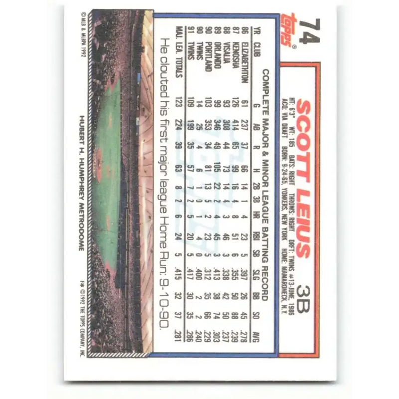 1992 Topps #74 Scott Leius NM-MT Minnesota Twins Baseball Card - Baseball Card Single