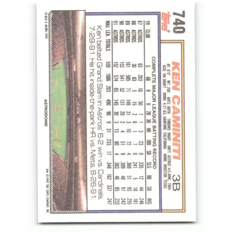 1992 Topps #740 Ken Caminiti NM-MT Houston Astros Baseball Card - Baseball Card Single