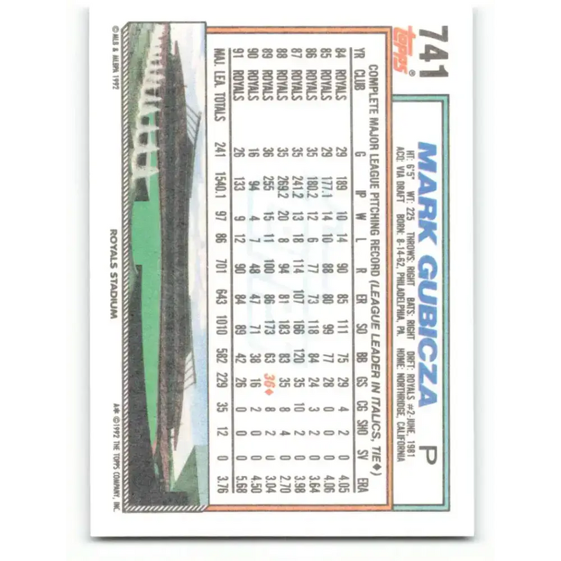 1992 Topps #741 Mark Gubicza EX Excellent Kansas City Royals Baseball Card - Baseball Card Single