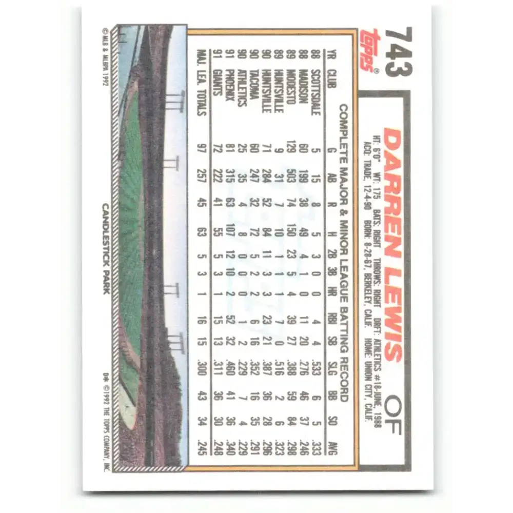 1992 Topps #743 Darren Lewis NM-MT San Francisco Giants Baseball Card - Baseball Card Single