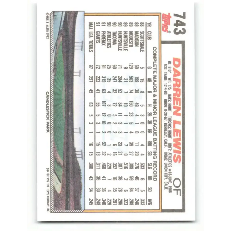 1992 Topps #743 Darren Lewis NM-MT San Francisco Giants Baseball Card - Baseball Card Single
