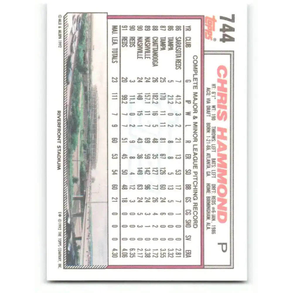 1992 Topps #744 Chris Hammond EX Excellent Cincinnati Reds Baseball Card - Baseball Card