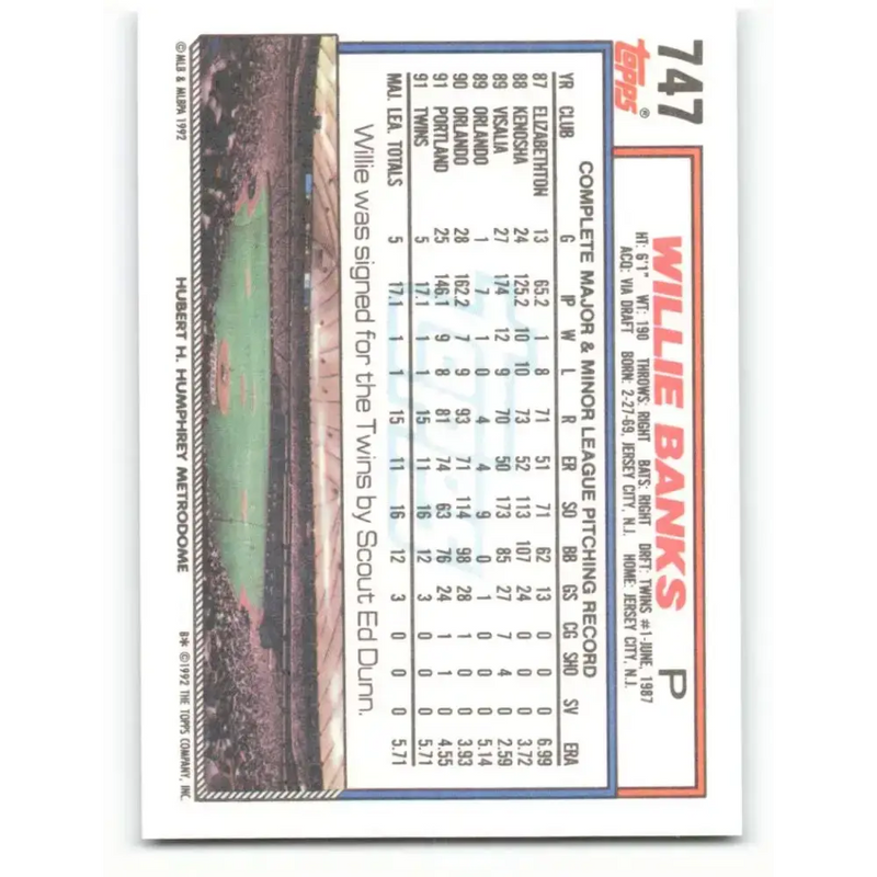 1992 Topps #747 Willie Banks NM-MT Minnesota Twins Baseball Card - Baseball Card Single