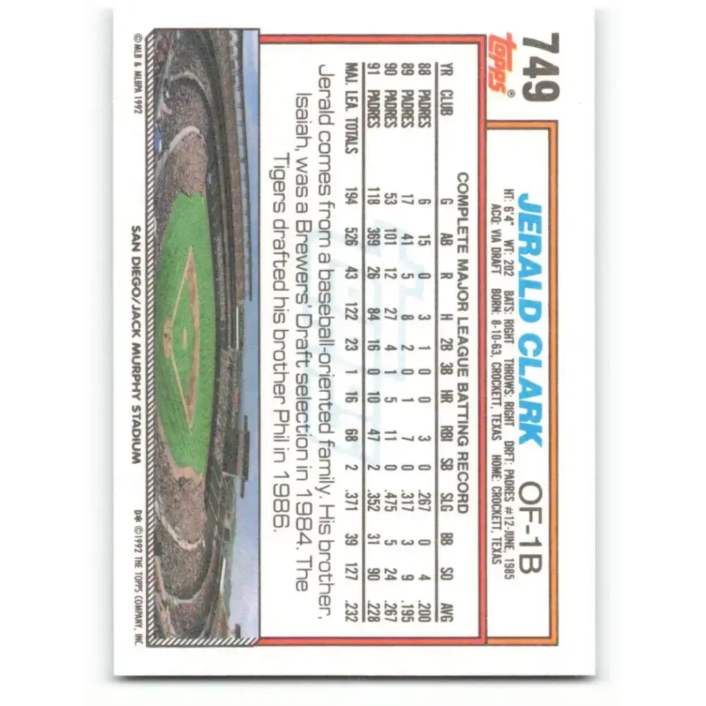 1992 Topps #749 Jerald Clark EX Excellent San Diego Padres Baseball Card