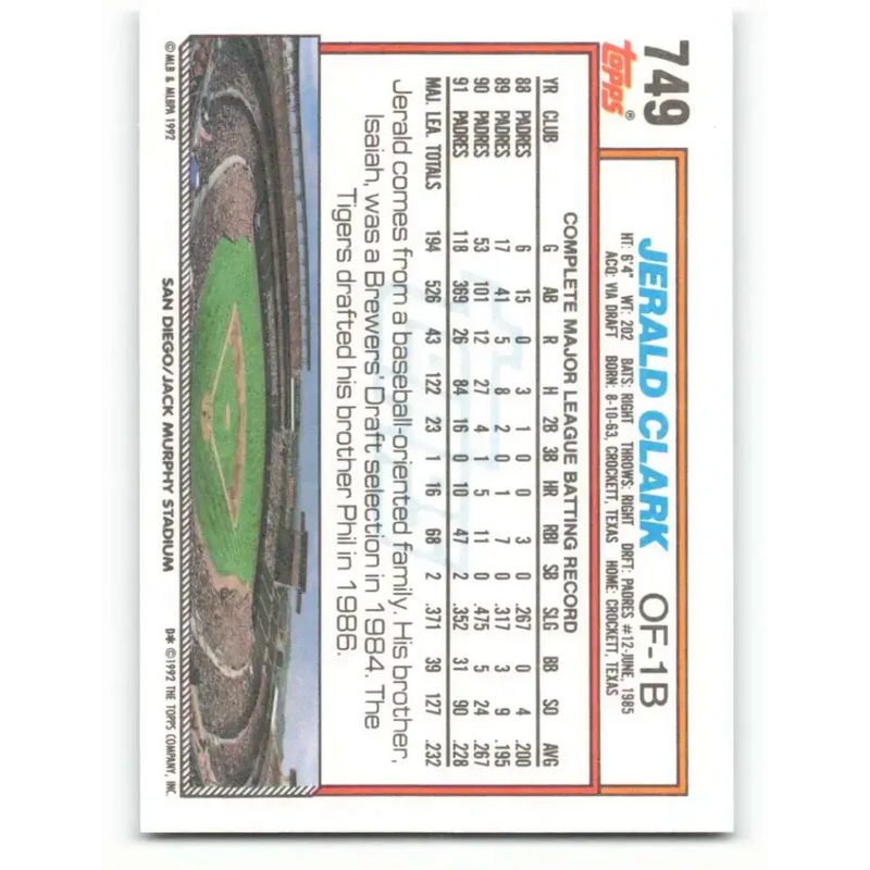1992 Topps #749 Jerald Clark EX Excellent San Diego Padres Baseball Card