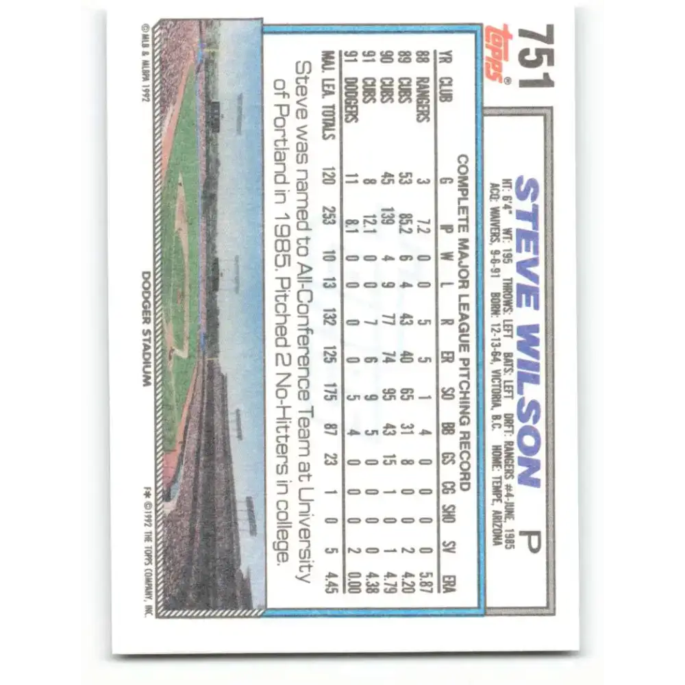 1992 Topps #751 Steve Wilson NM-MT Los Angeles Dodgers Baseball Card - Baseball Card Single