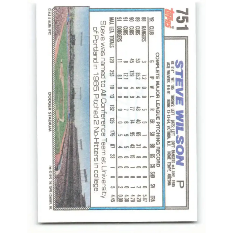 1992 Topps #751 Steve Wilson NM-MT Los Angeles Dodgers Baseball Card - Baseball Card Single