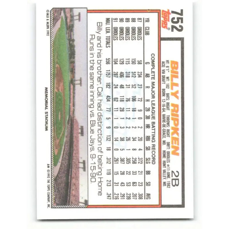 1992 Topps #752 Billy Ripken NM-MT Baltimore Orioles Baseball Card - Baseball Card Single