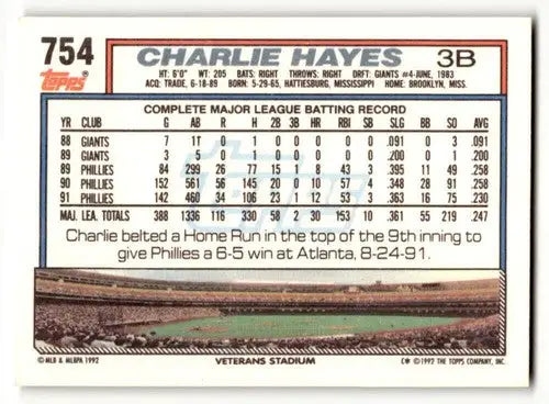 1992 Topps #754 Charlie Hayes Philadelphia Phillies Baseball Cards E ID:55803 - Baseball Card Single