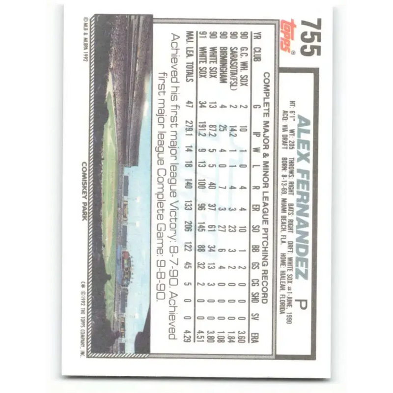 1992 Topps #755 Alex Fernandez NM-MT Chicago White Sox Baseball Card - Baseball Card Single
