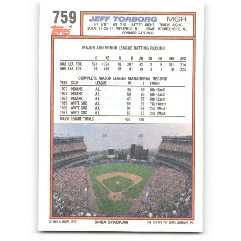 1992 Topps #759 Jeff Torborg NM-MT New York Mets Baseball Card - Baseball Card Single