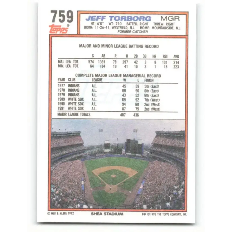 1992 Topps #759 Jeff Torborg NM-MT New York Mets Baseball Card - Baseball Card Single