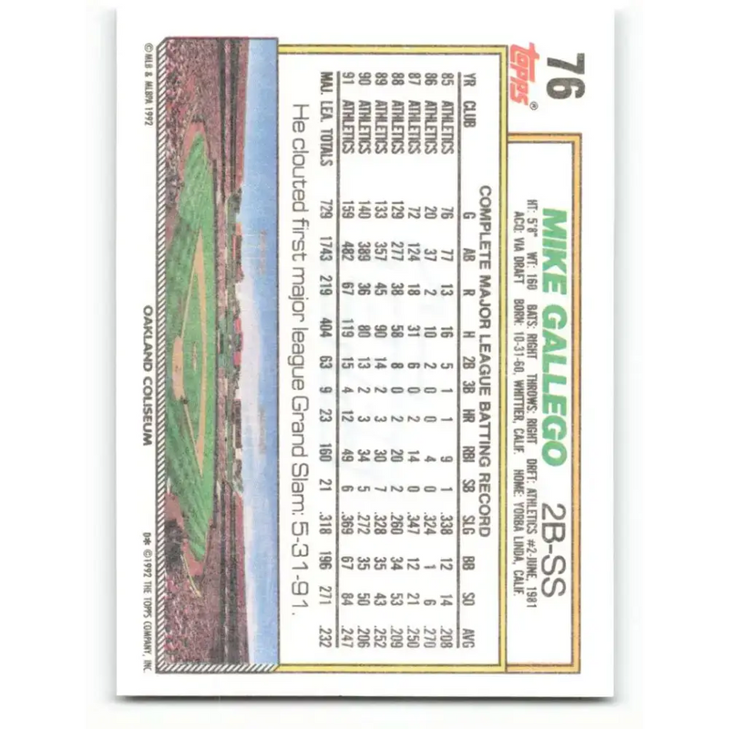 1992 Topps #76 Mike Gallego NM-MT Oakland Athletics Baseball Card