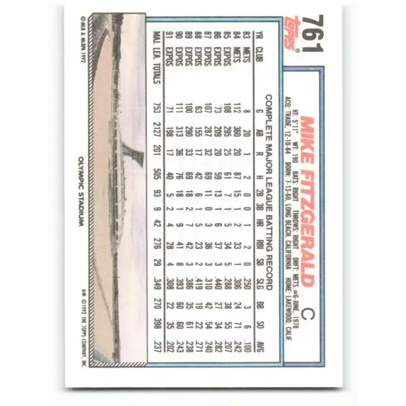 1992 Topps #761 Mike Fitzgerald NM-MT Montreal Expos Baseball Card - Baseball Card Single