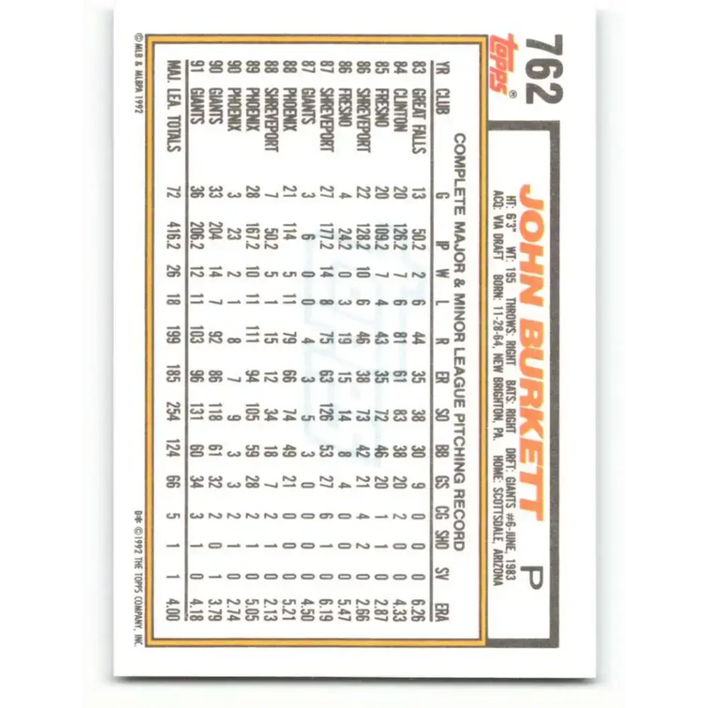 1992 Topps #762 John Burkett EX Excellent San Francisco Giants Baseball Card - Baseball Card Single