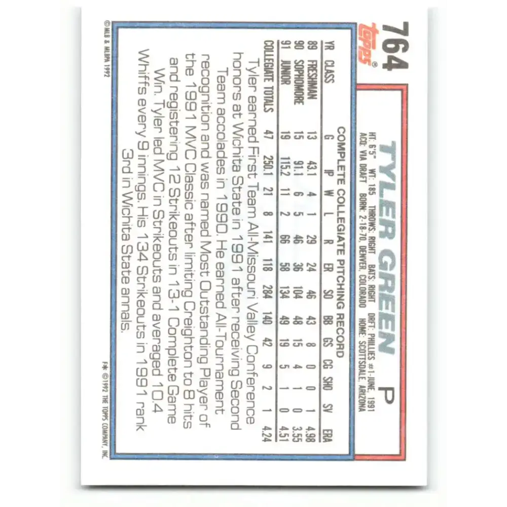 1992 Topps #764 Tyler Green NM-MT RC Rookie Philadelphia Phillies Baseball Card