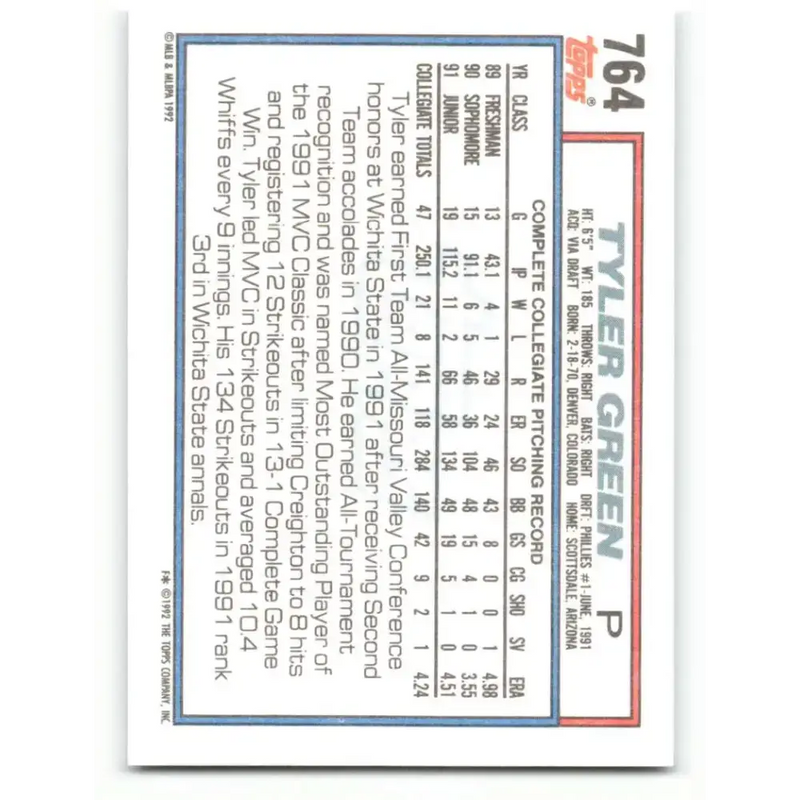1992 Topps #764 Tyler Green NM-MT RC Rookie Philadelphia Phillies Baseball Card