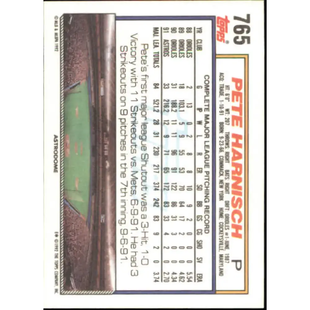 1992 Topps #765 Pete Harnisch NM-MT Houston Astros Baseball Card - Baseball Card Single