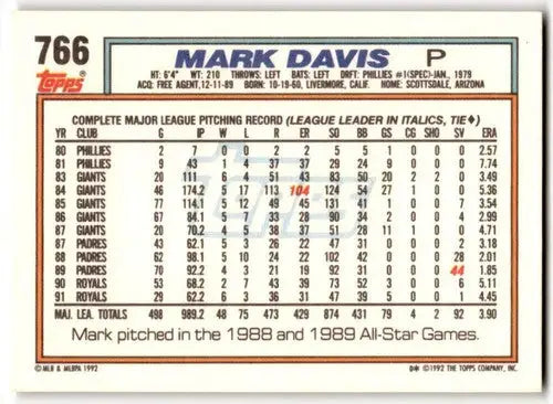 Original gloss Mark Davis baseball card from 1992 Topps #766 Royals ID:43529