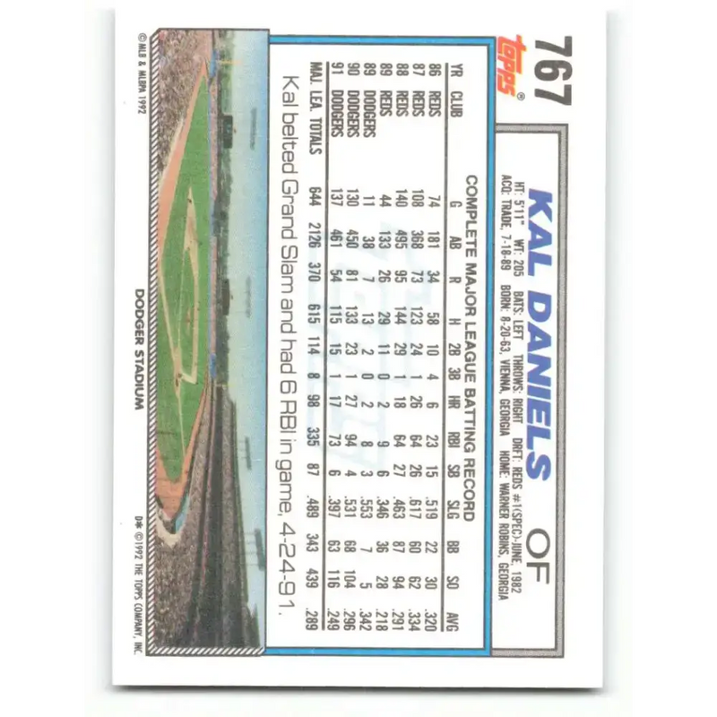 1992 Topps #767 Kal Daniels NM-MT Los Angeles Dodgers Baseball Card - Baseball Card Single