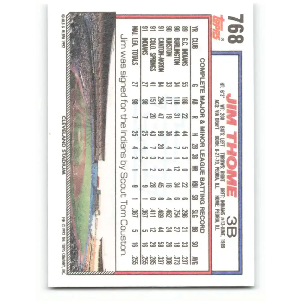 1992 Topps #768 Jim Thome NM-MT Cleveland Indians Baseball Card - Baseball Card Single