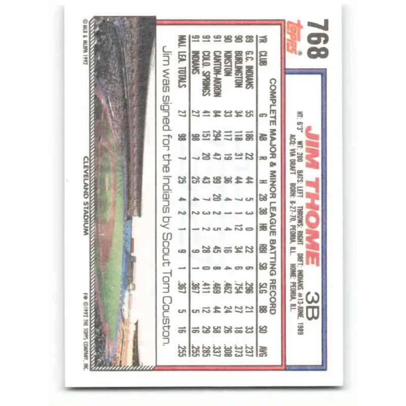 1992 Topps #768 Jim Thome NM-MT Cleveland Indians Baseball Card - Baseball Card Single